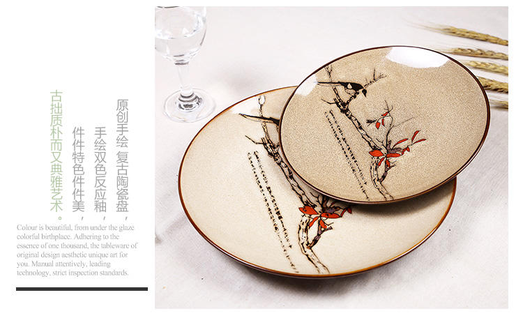 醴陵翠鸟枝头 手绘陶瓷盘子 特色艺术西餐厅具摆盘 复古创意装饰挂盘