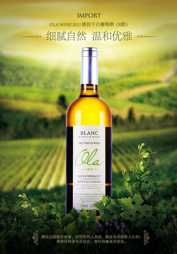 欧啦 2012欧拉法国原瓶进口干白葡萄酒法国庄园酒